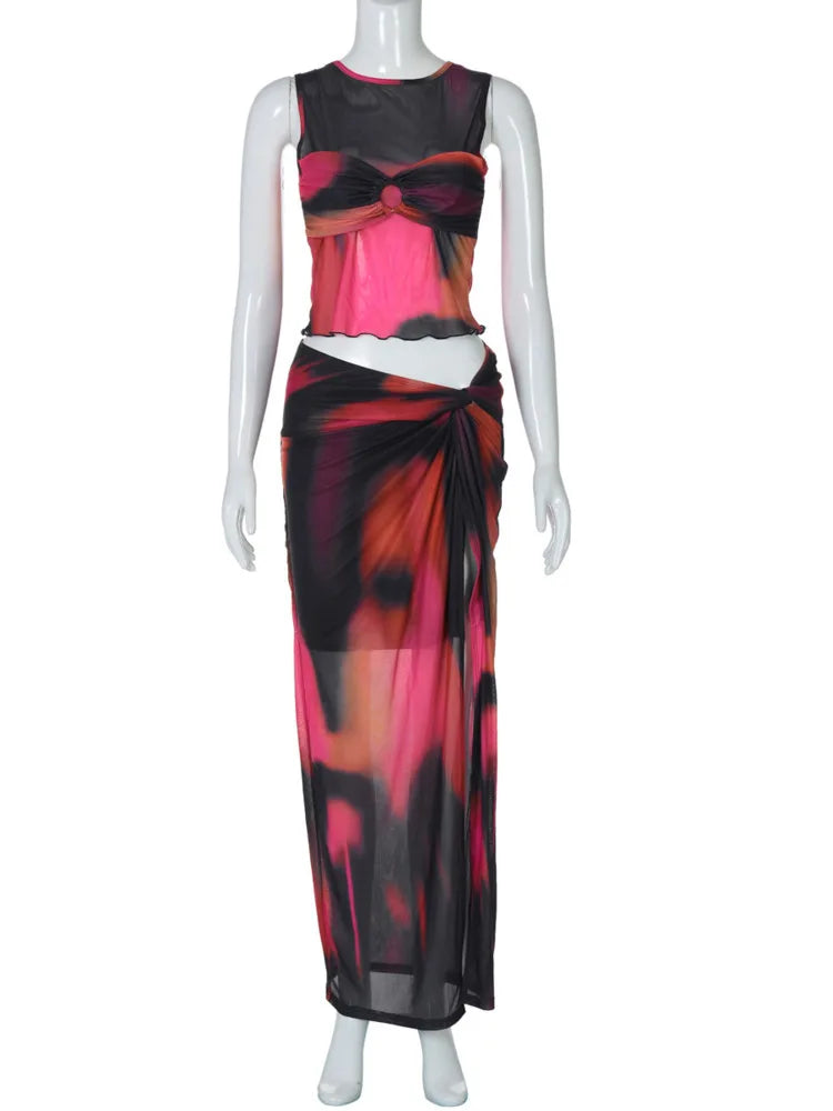 Mesh Print Sexy Skirt Sets Women O Neck Sleeveless Crop Tops And Split Skirt Ladies Sexy Club Party 2 Piece Sets