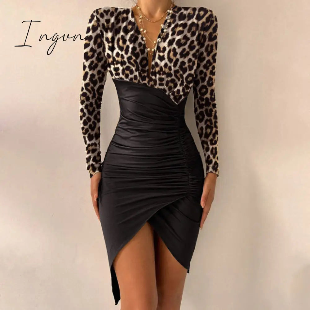 Ingvn - Women's Spring Sexy Package Hips Long-sleeve V-neck Printed Slit Dress Clothing Summer Black Bodycon Dresses For Women Party