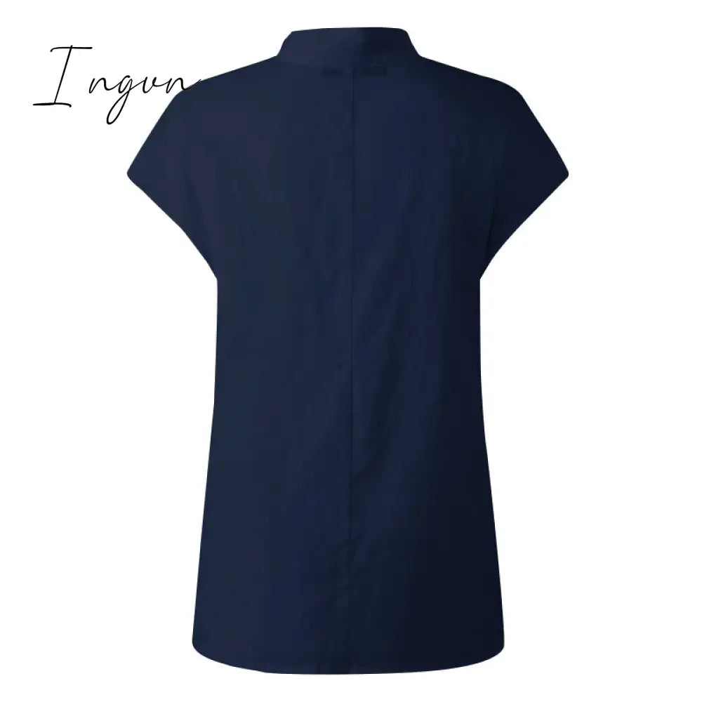 Ingvn - New Stylish Tunic Tops Plus Size Women Short Sleeve Summer Blouses Buttons Solid Cotton Linen Tops Casual Loose Blusas Femme