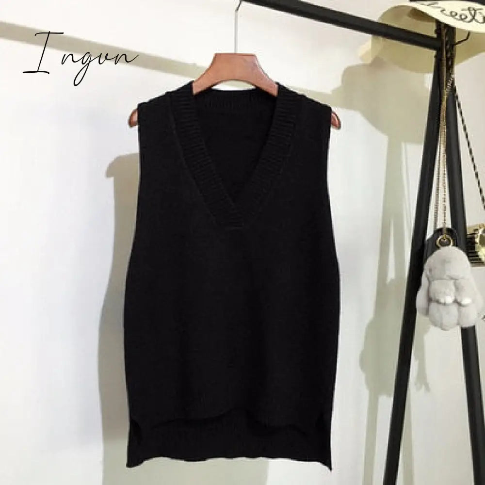 Ingvn - Autumn Women's Sweater Vest V-neck Sleeveless Irregular Casual Loose Knitted Pullover Tops Female Outerwear