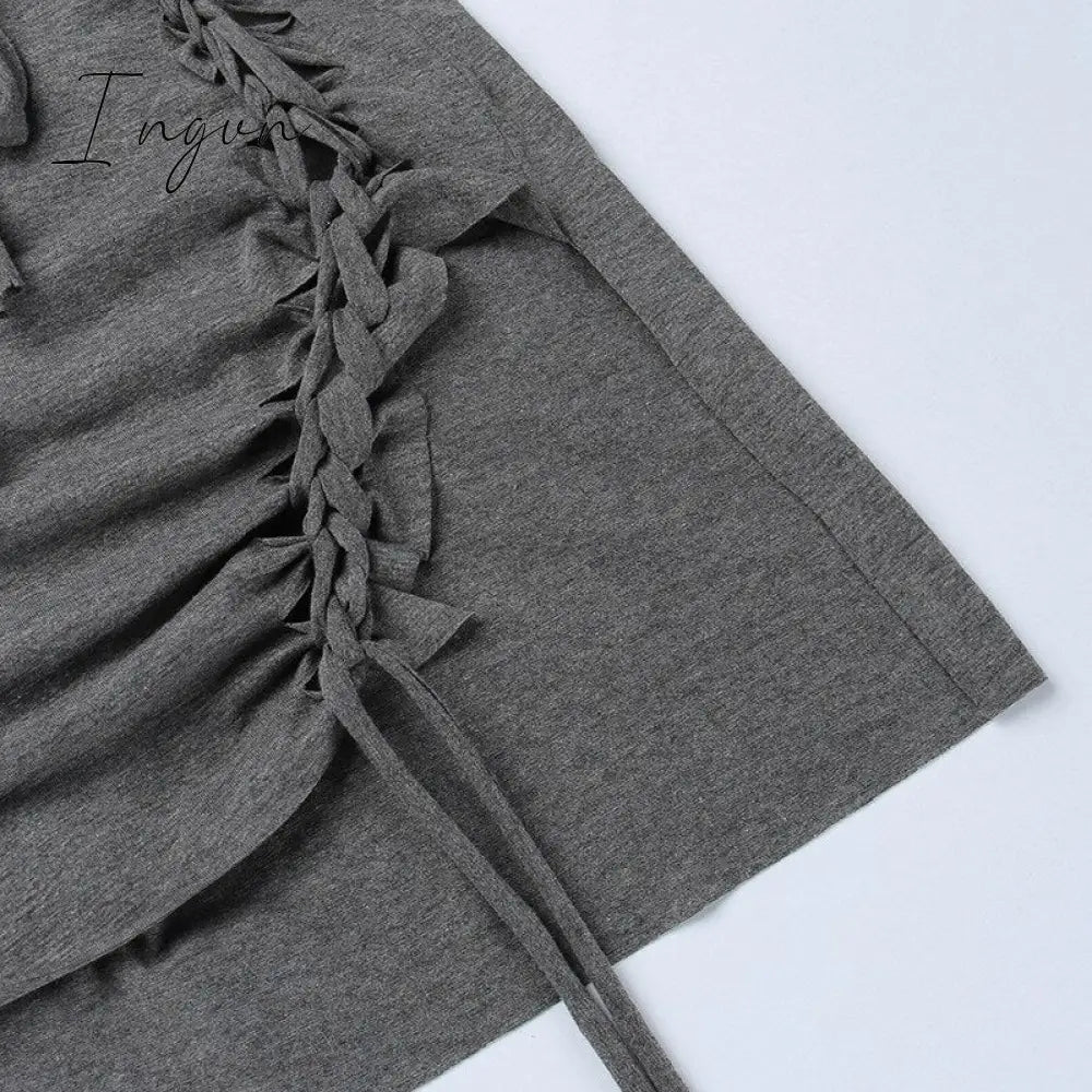 Ingvn - Dark Gray Hollow Out Mini Dress Sexy Drawstring Bandage Backless Summer Dresses for Women 2023 Birthday Party Clubwear
