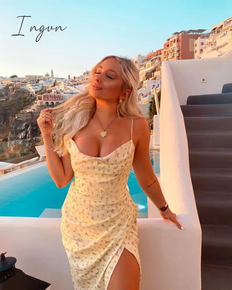 Ingvn - Vintage Solid Button Midi Dress Sexy Party Club Bodycon Strapless High Split Dresses Women Spring Autumn Casual Vestidos