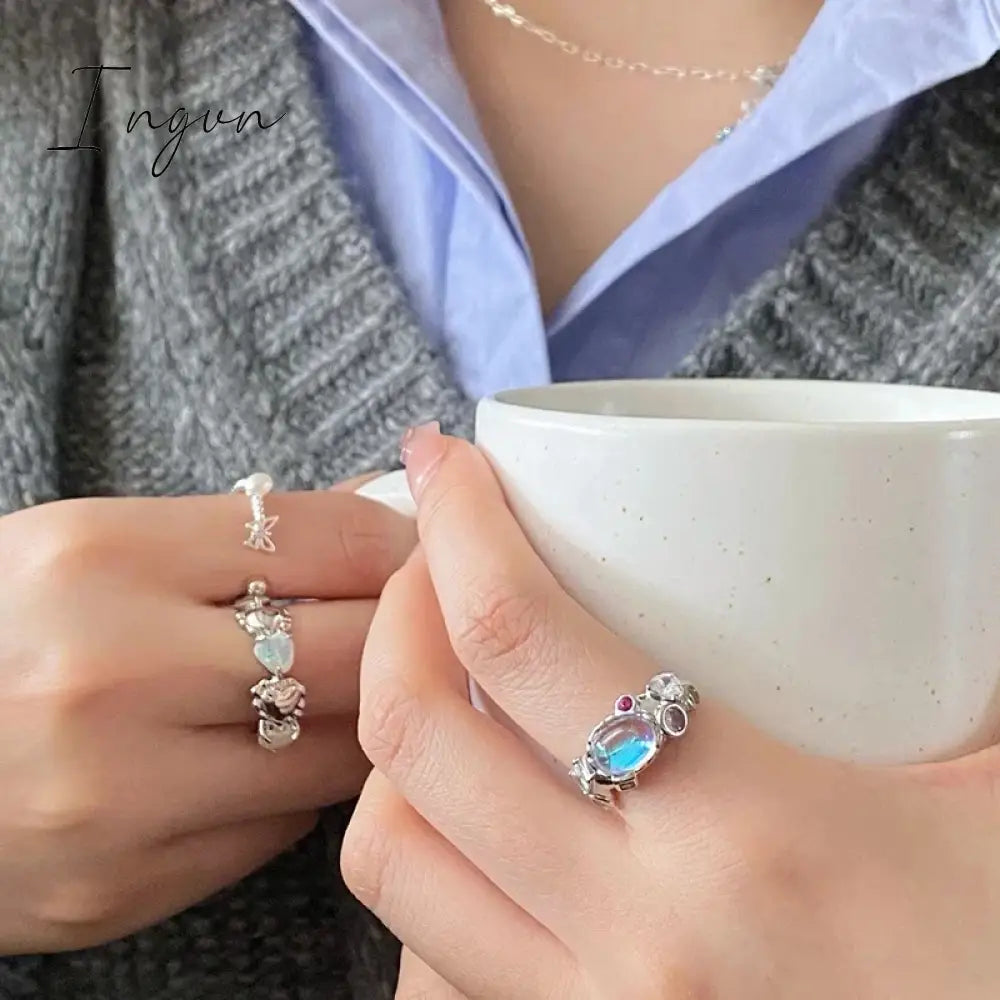 Korean Fashion Delicate Oval Opal Open Adjustable Rings For Women Girls Cute Pink Crystal Finger Ring Aesthetic Jewelry Gifts