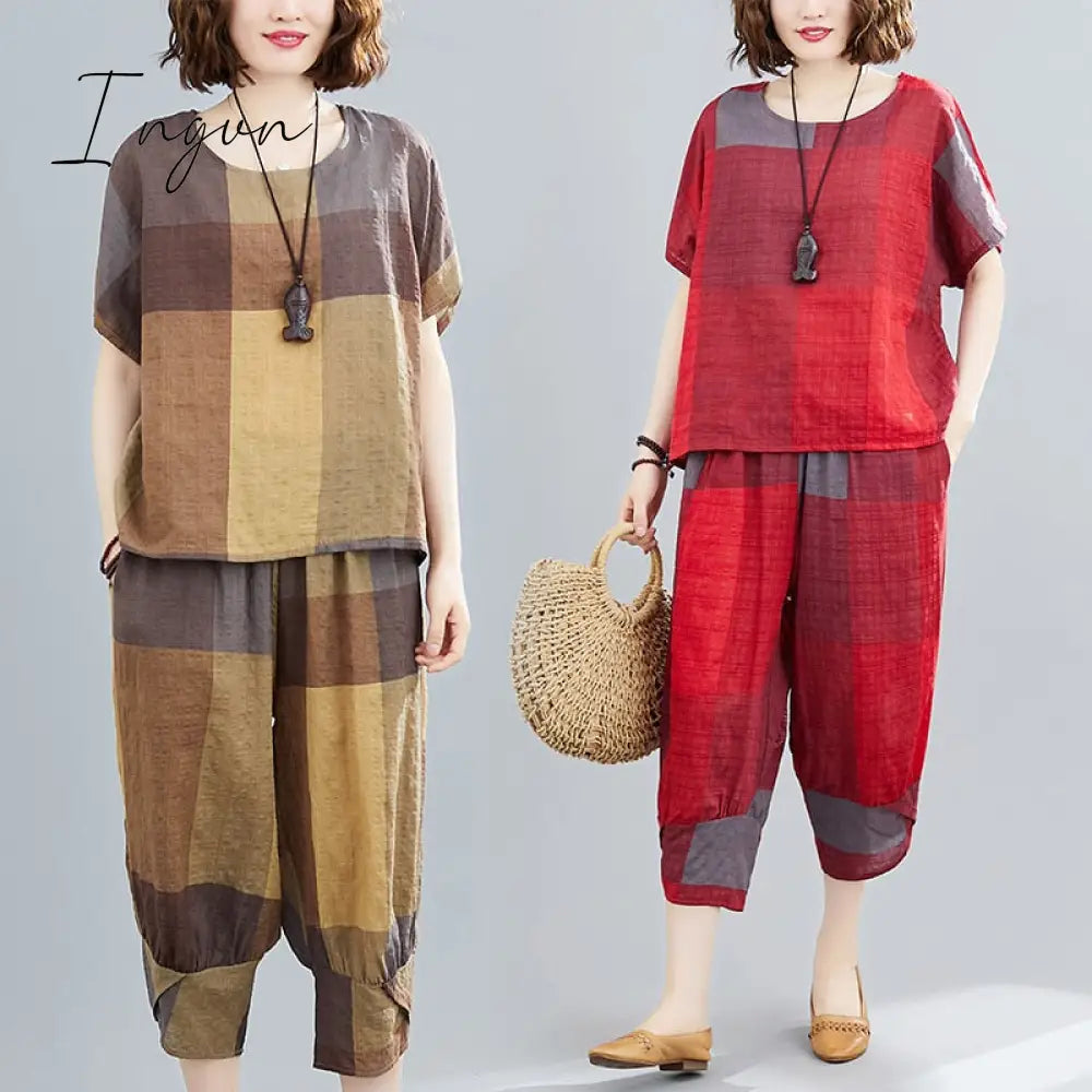Ingvn - Thin Soft Cotton Linen Loose Women Clothes Set Tops Harem Pants Two Piece Casual Set Vintage Plaid Lady Summer Fashion Set Suits