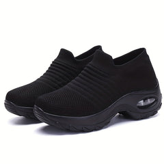 Women's Breathable Knit Sneakers, Comfortable Low Top Slip On Shoes, Women's Air Cushion Shoes plus size