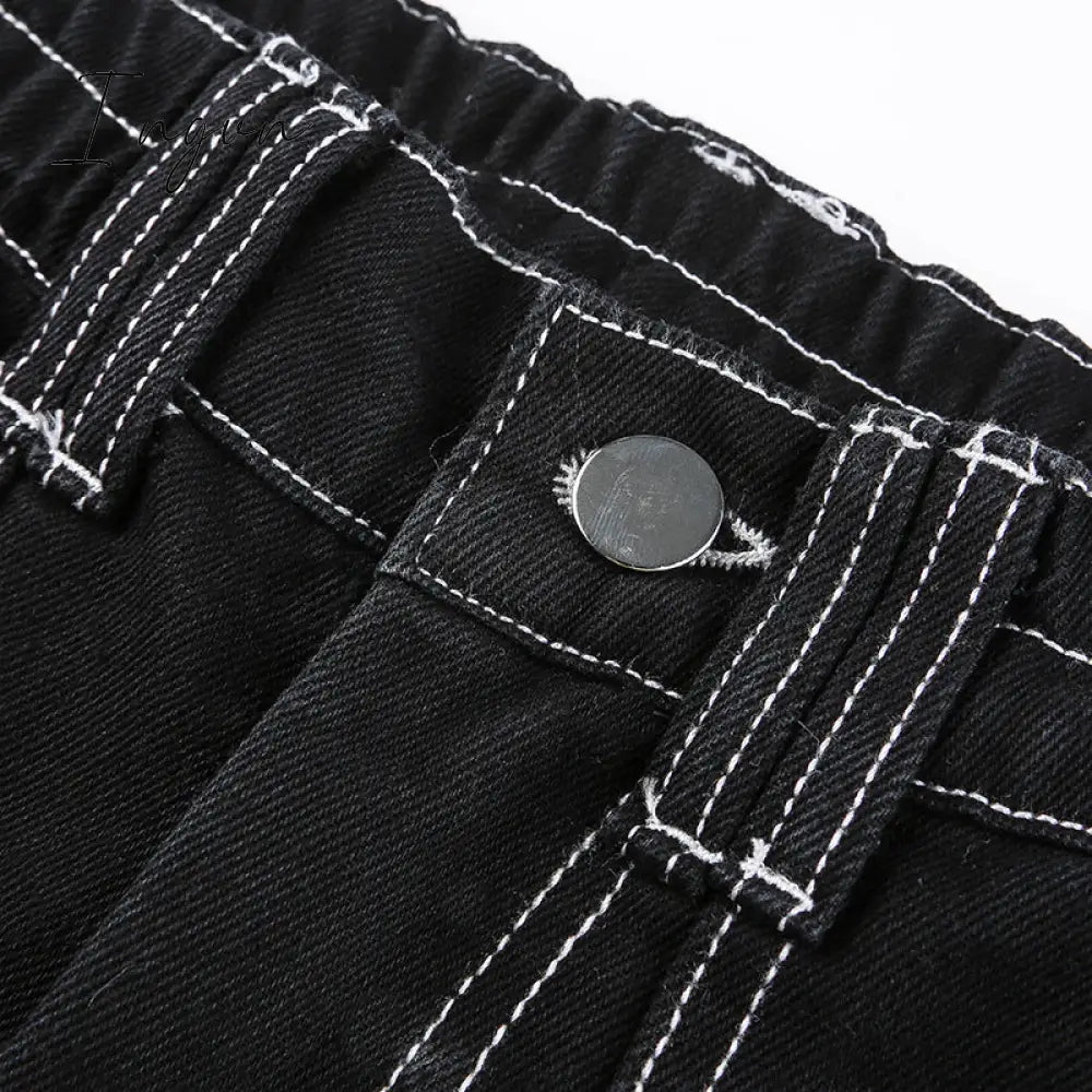 Ingvn - Womens Fashion Trends Pockets Patchwork Baggy Jeans Fashion Streetwear 100% Cotton Women Denim Trouser Loose Cargo Pants Korean Jeans Harajuku