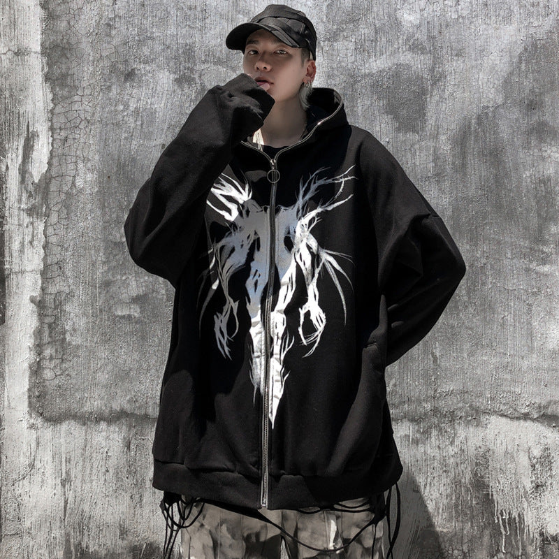 Y2K Retro Dark Gray Butterfly Zipper Hooded Sweatshirt 90s Harajuku Punk Gothic Zip Up Hoodie Long-sleeved Loose Jacket