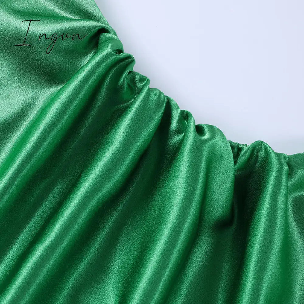 Ingvn - Satin Side Split Ruched Women's Dress Sleeveless Square Collar Party Dresses Solid Elegant Clubwear Evening Vestidos