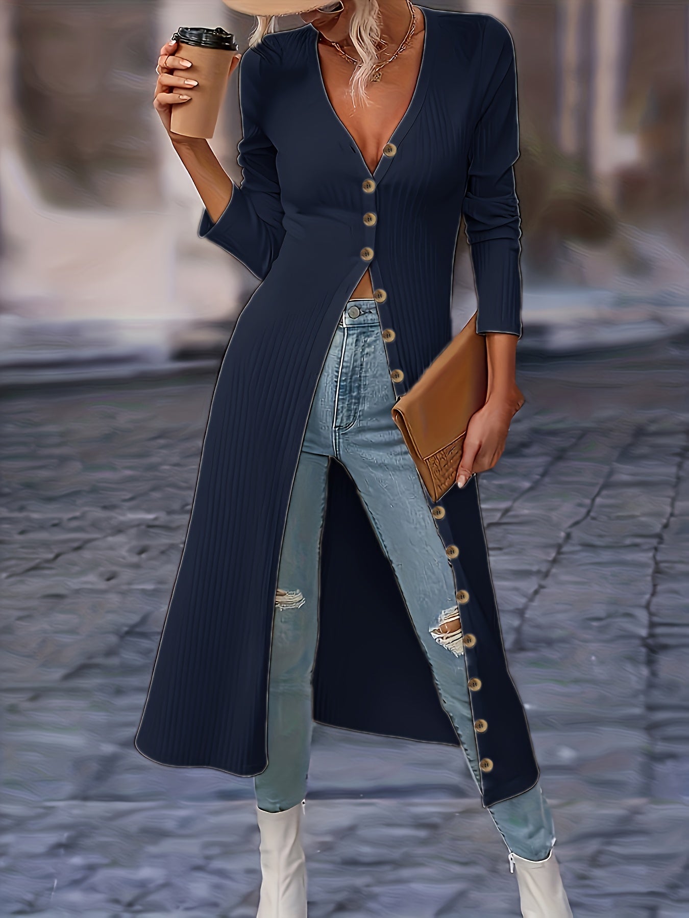 Womens Chic Solid Knit Cardigan - Soft Button Down, Long Sleeve, Slim Fit, Long Length - Perfect for Layering, Elegant Casual Wear