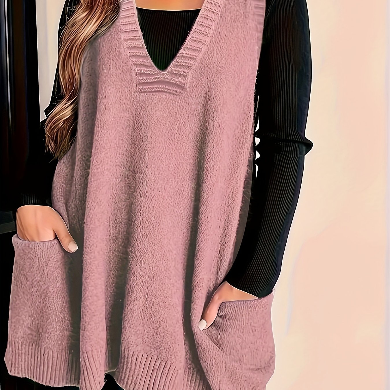 2024 Spring/Fall New Arrival V-Neck Knitted Vest with Pockets, Casual Large Size Pullover Cardigan, Solid Color, Polyester, No Bra Pad, for Casual Outings