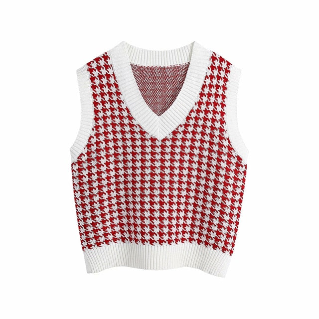 Women  Fashion Oversized Houndstooth Knitted Vest Sweater Vintage Sleeveless Side Vents Female Waistcoat Chic Tops