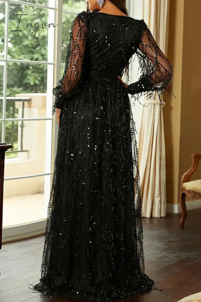 Ingvn - Elegant Formal Print Tassel Sequins High Opening V Neck Evening Dress Dresses