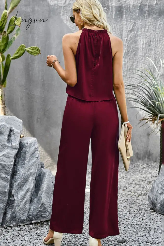 Ingvn - Grecian Neck Sleeveless Pocketed Top and Pants Set