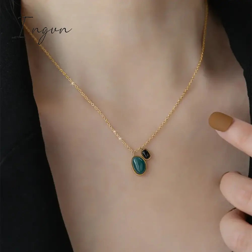 New Fashion Simple Green Black Agate Pendant Necklace for Women Exquisite Stainless Steel Chain Elegant Party Jewelry Gifts