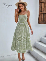 Ingvn - Ladies Vintage Boho Plaid Summer Dress Women Sexy Backless Casual Ruffles Party Beach Sundress Women Dress Robe Vestidos Female