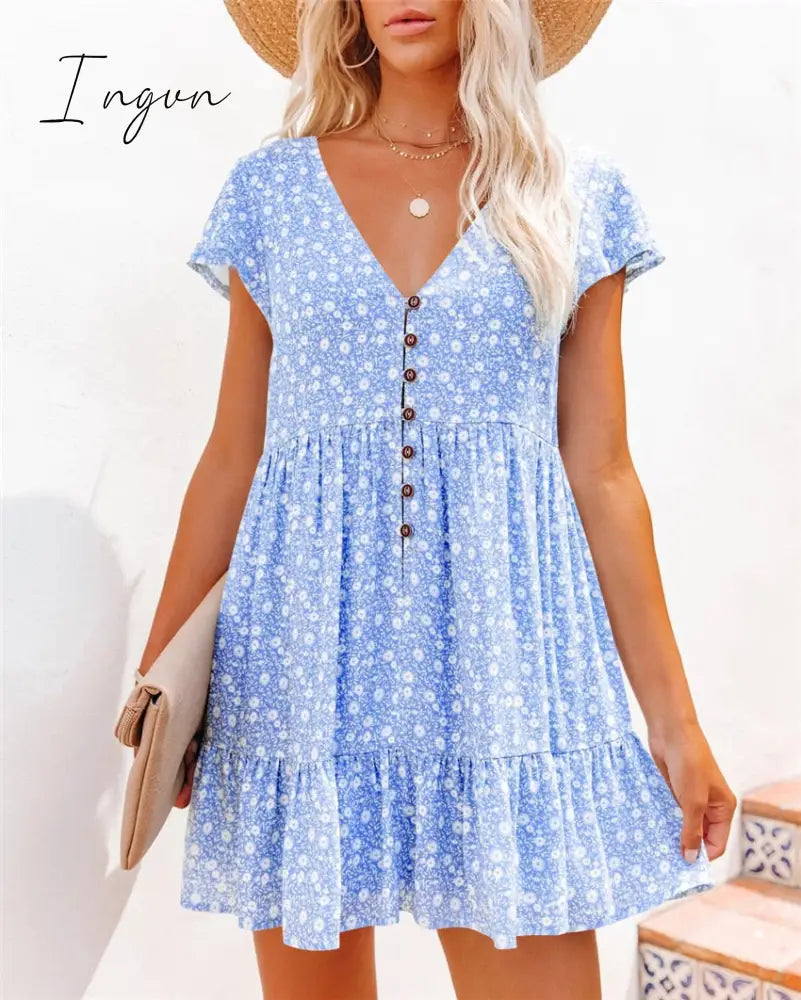 Ingvn - Spring summer v-neck floral short-sleeved dress