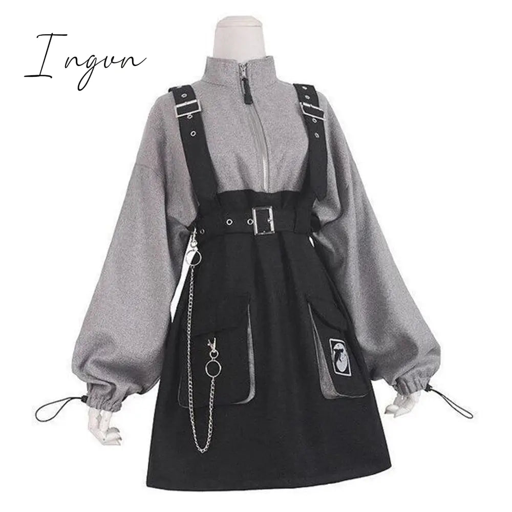 Ingvn - Retro Vintage Women Gothic Girls Punk Mini Dress High Waist Long Sleeve Hat Collar Sexy Gry Black Lolita Plus Size Jurken