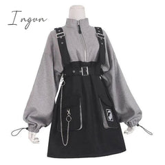 Ingvn - Retro Vintage Women Gothic Girls Punk Mini Dress High Waist Long Sleeve Hat Collar Sexy Gry Black Lolita Plus Size Jurken