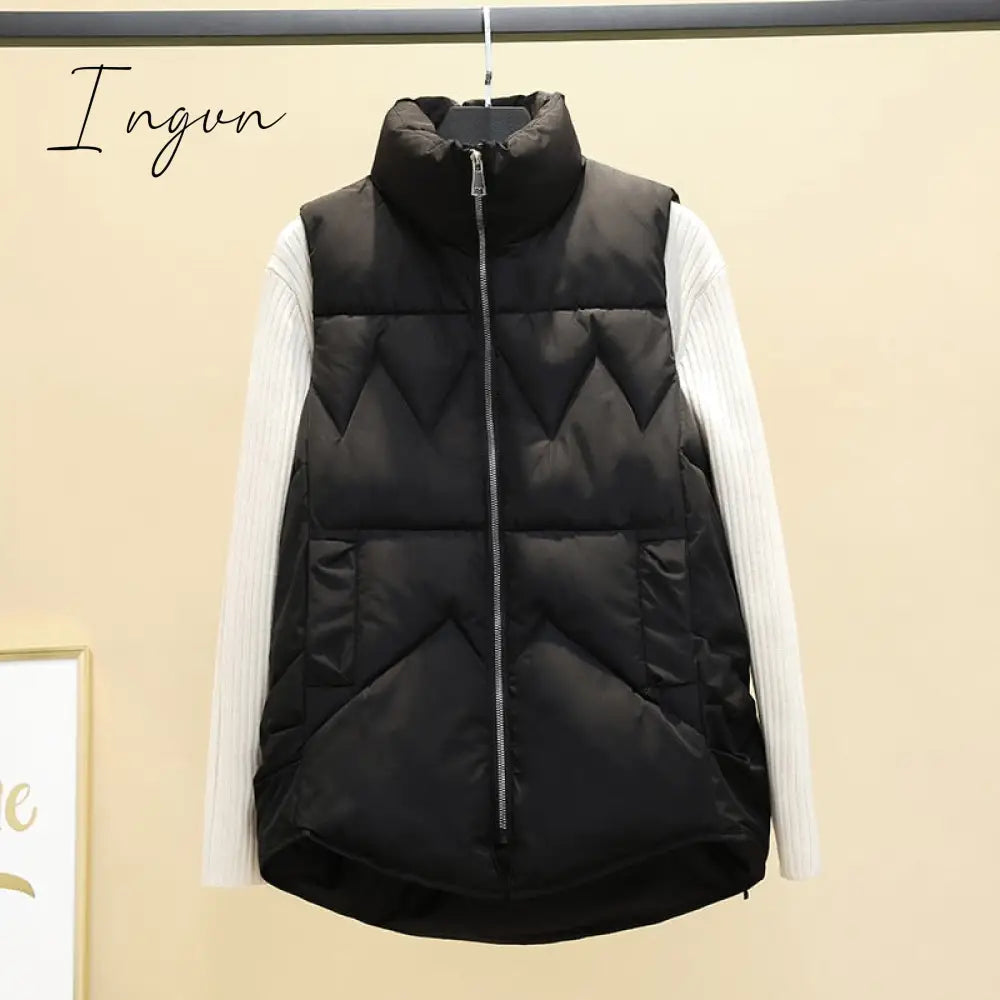 Ingvn - Autumn Winter Down Cotton Soild Women's Vest Short Style New Slim Fashion Stand-up Collar White Jacket Sleeveless Vest