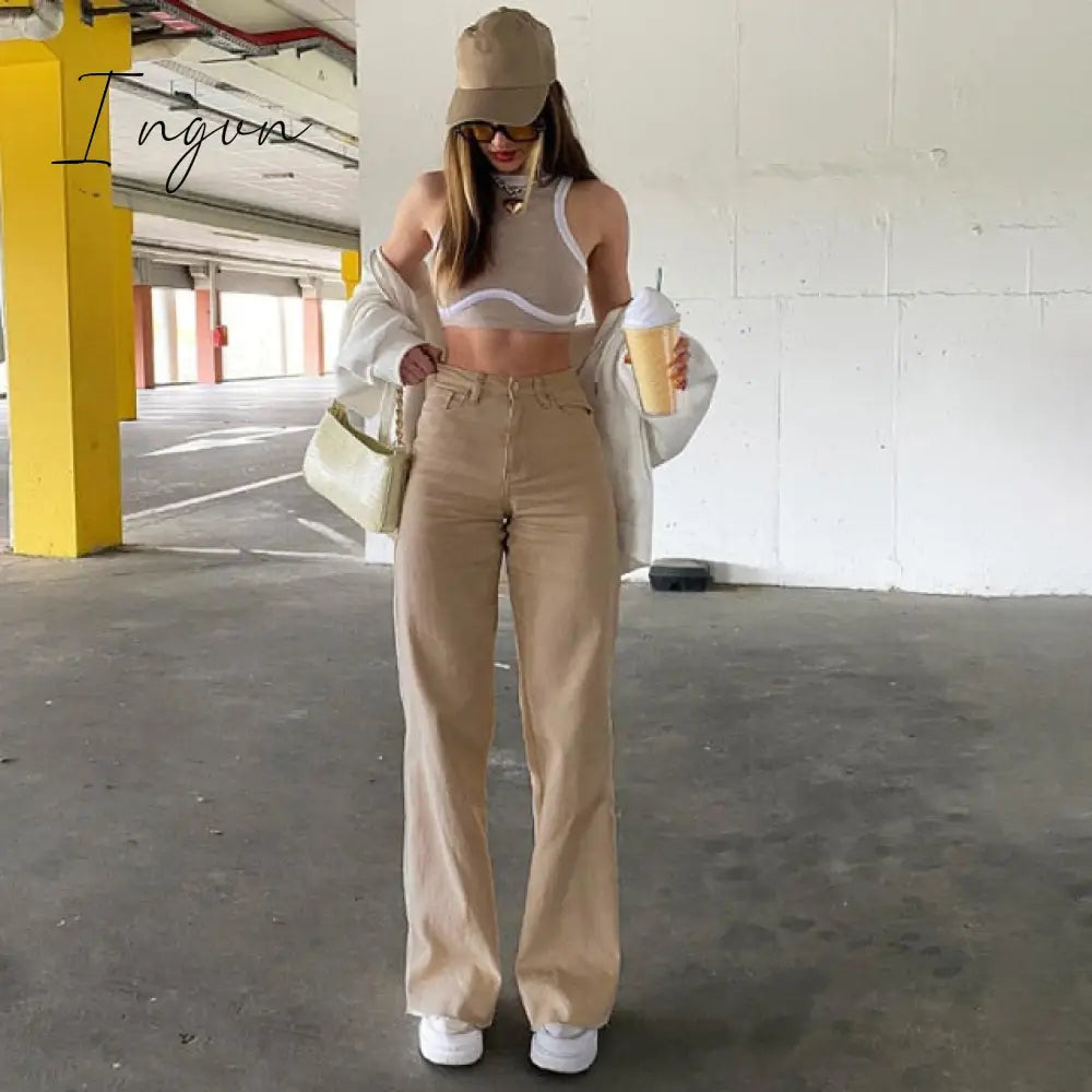 Ingvn - Brown Vintage Baggy Jeans Women 90s Streetwear Pockets Wide Leg Cargo Pants Y2K Low Waist Straight Denim Trousers