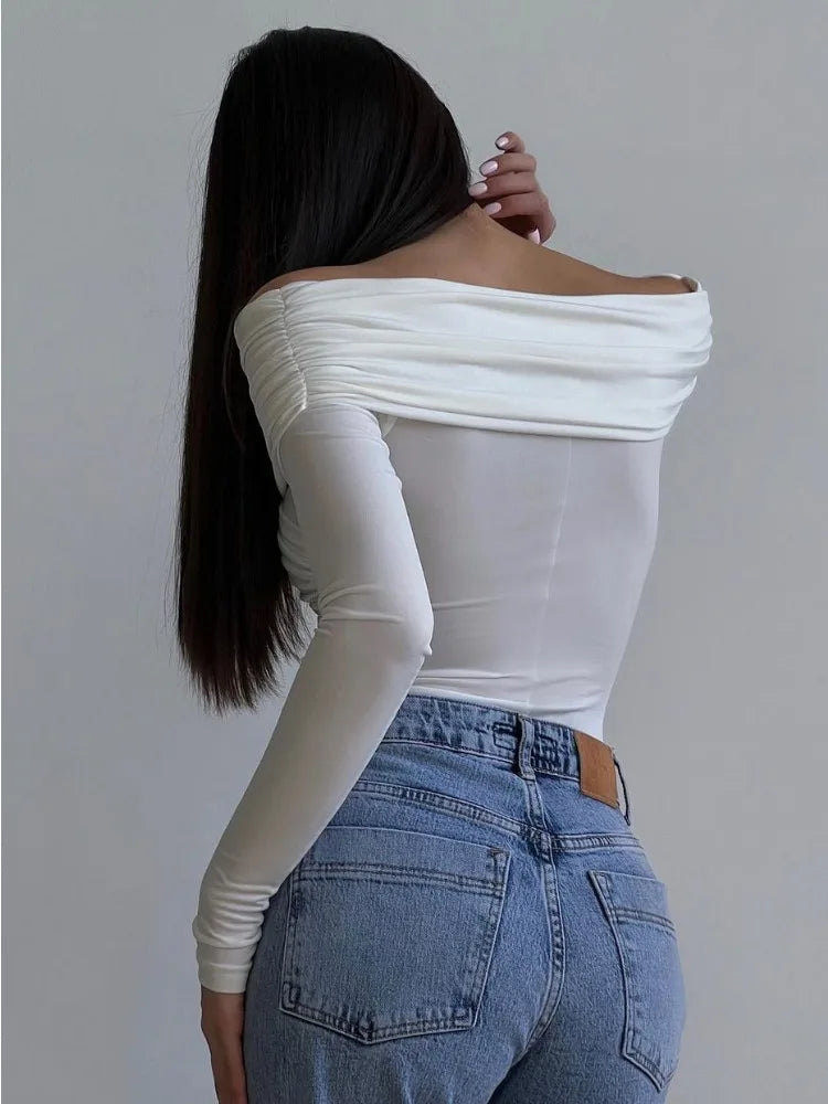 White See-Through Patchwork Jumpsuit For Women Pleated Slim Sexy High Waist Long Sleeve Off-Shoulder Rompers Streetwear
