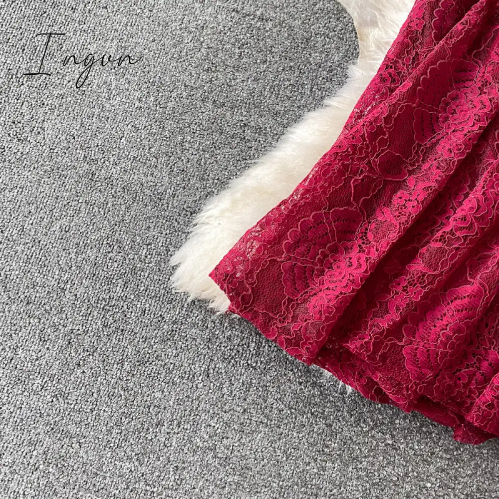 Ingvn - Vintage Purple/Green/Red Lace Midi Dress Women Sweet Round Neck Ruffle Vestidos Female High Waist Slim Robe Spring Autumn