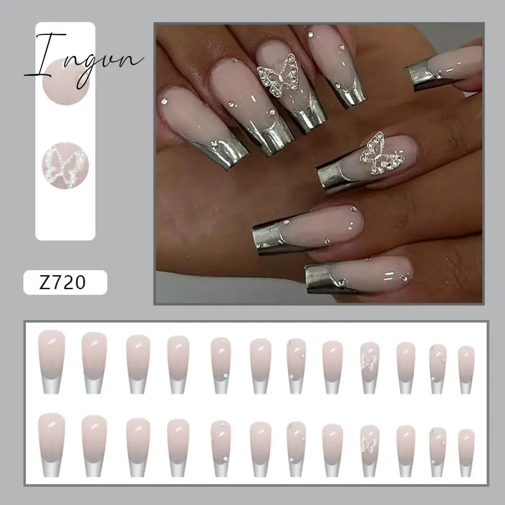 24pcs/Box Gradient Nail Art Patches False Nails Short Square Nail Blue Starry Glitter Teardrop Diamond Fake Nail Tips