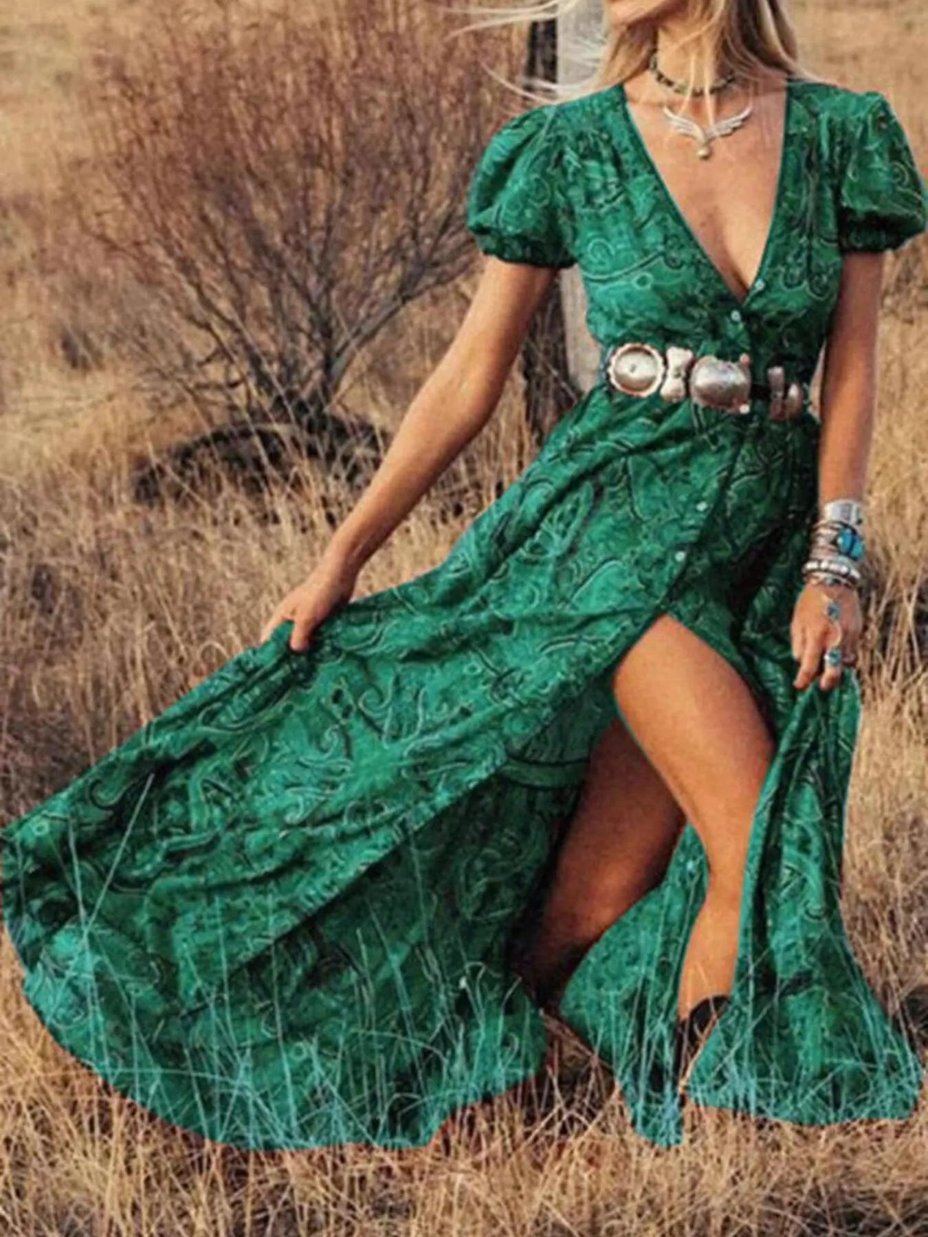 Full Size Printed Puff Sleeve Maxi Dress Plus Size