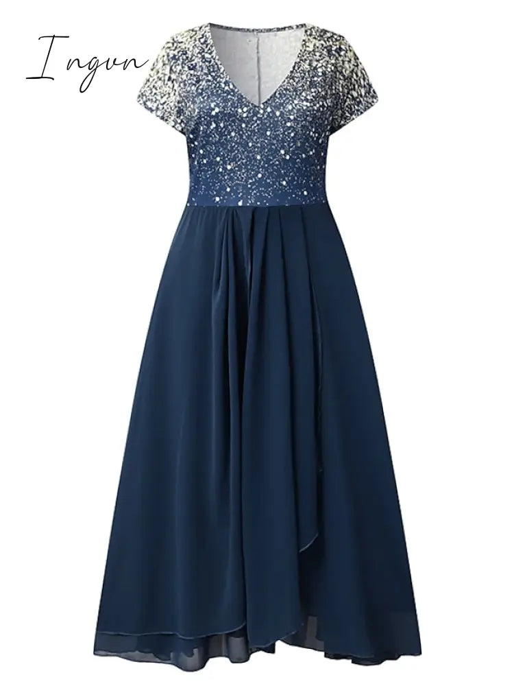Ingvn - Women‘s A Line Dress Chiffon Dress Midi Dress Navy Blue Short Sleeve Color Gradient Patchwork Spring Summer V Neck Stylish Elegant Party 2023 S M L XL XXL 3XL / Party Dress