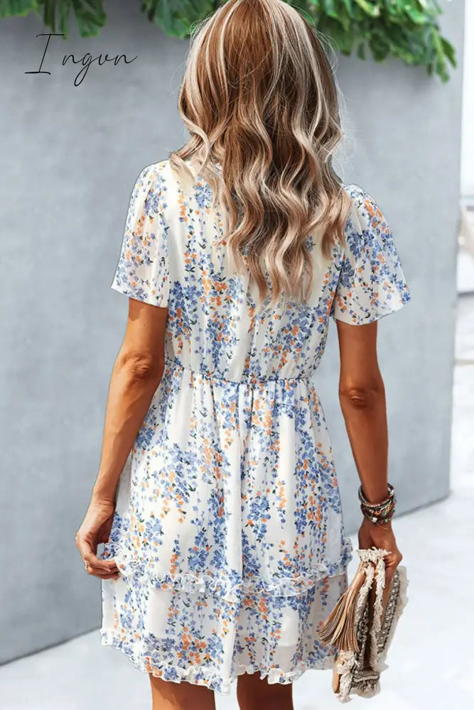 Ingvn - Printed Flutter Sleeve V-Neck Dress