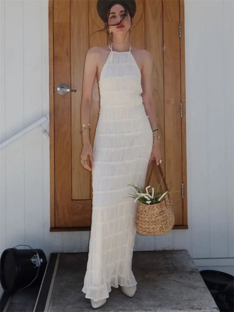 Spring Fashion Patchwork Long Dress For Women Lace-Up Backless High Waist Solid Holiday Beach Dress Ladies Maxi Dress