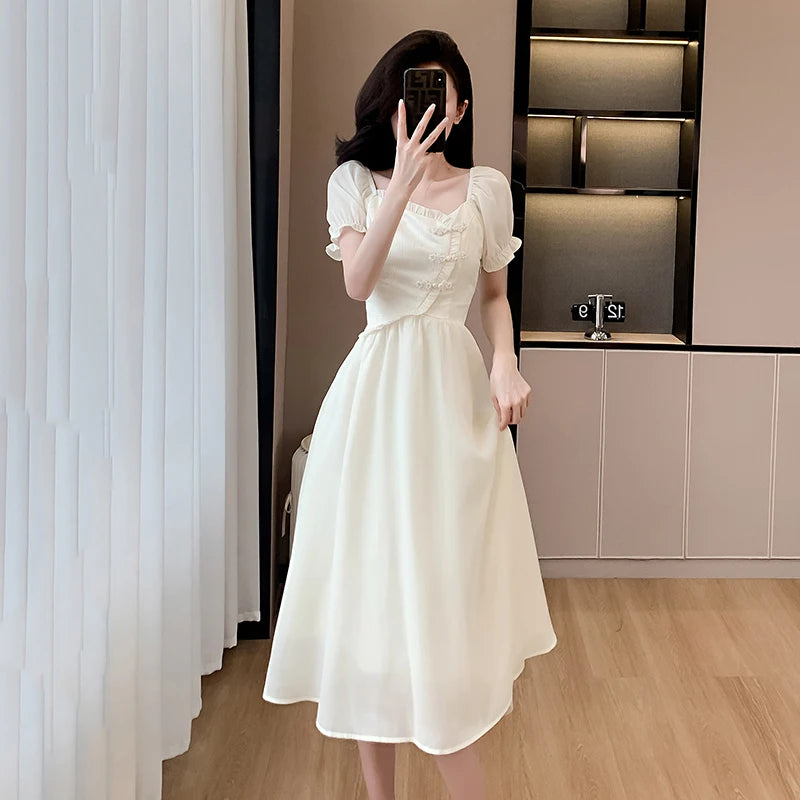 Vintage Chiffon Midi Dresses for Women  Summer New Elegant Chic Simple Fashions Slim Casual Sweet Female Clothing