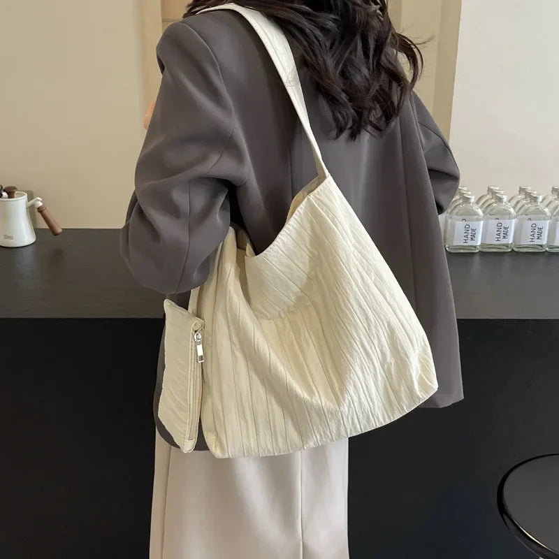 Ingvn  Low-Key Pure White Women Ruched Shoulder Bag Exquisited Nylon Pretty Versatile Crossbody Leisure Commuter Composite Bag