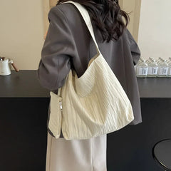 Ingvn  Low-Key Pure White Women Ruched Shoulder Bag Exquisited Nylon Pretty Versatile Crossbody Leisure Commuter Composite Bag