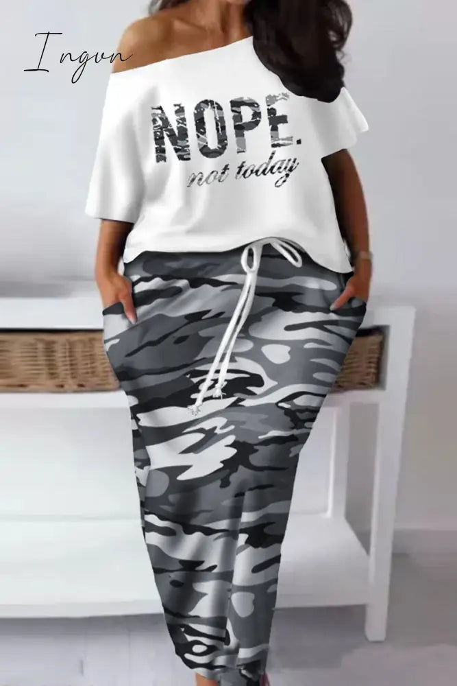 Ingvn - Grey Elegant Print Patchwork Draw String Pocket Oblique Collar Pencil Skirt Plus Size Two Pieces