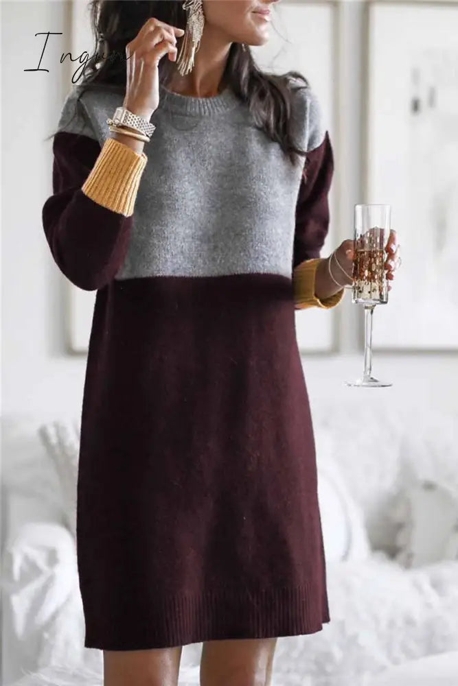 Ingvn - Loose Round Neck Paneled Mini Dress(5 Colors)