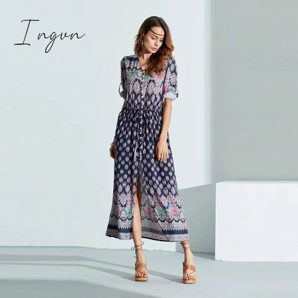 Ingvn - 2023 Fashion Summer Boho Beach Dress Fashion Floral Print Ethnic Long Maxi Dress Woman Party Night Elegant Dress
