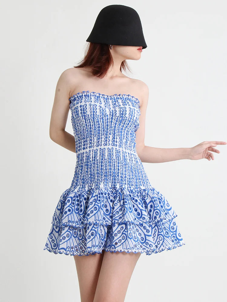 Cut Out Layered Hem Sexy Dress For Women Strapless Sleeveless Off Shoulder High Waist Mini Dresses Female Clothing