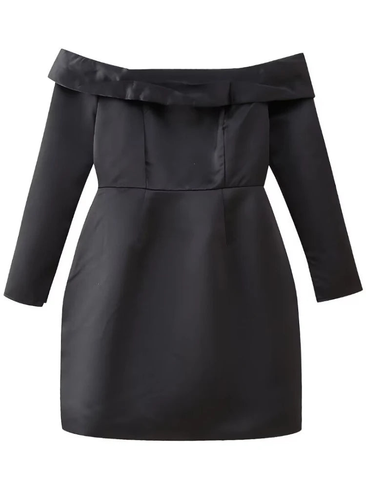 Sexy Off Shoulder Mini Dress For Women Solid High Waist Long Sleeve Slits A-line Dresses Party Elegant Evening Dress Lady