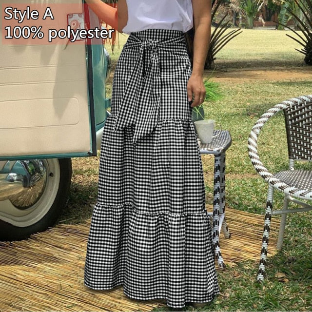 Long Skirts Women  Autumn Celmia Vintage High-Waist Female Skirts Casual Plaid Check Loose Printed Belted Pleated Maxi Skirt