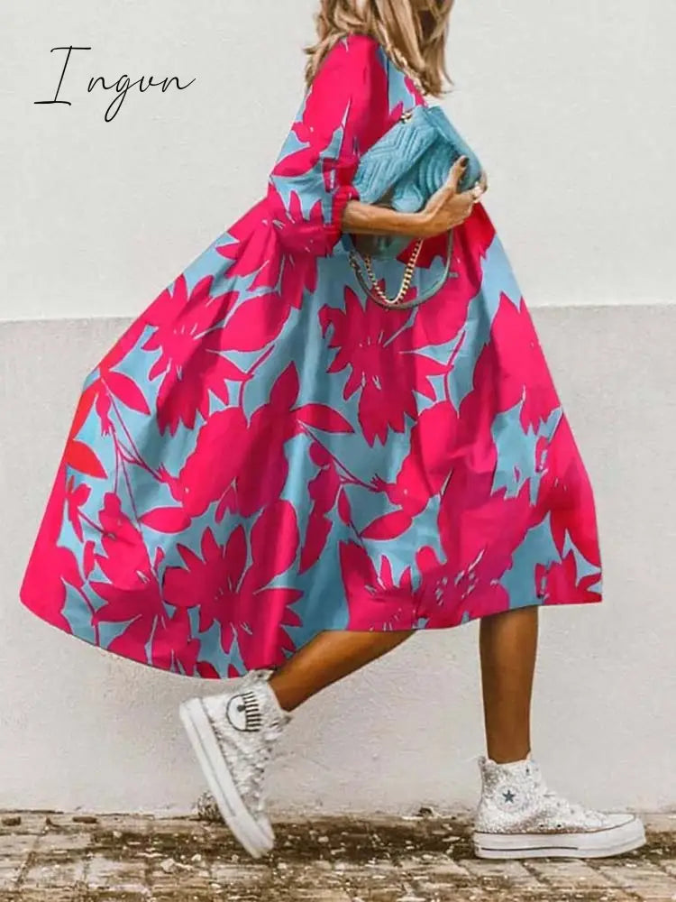 Ingvn - Autumn women's Middle Sleeve Casual Style Polyester New Round Neck Middle Waist Pullover Large Swing Printed A-line Dress