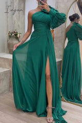 Ingvn - Elegant Solid Fold Oblique Collar Evening Dress Dresses