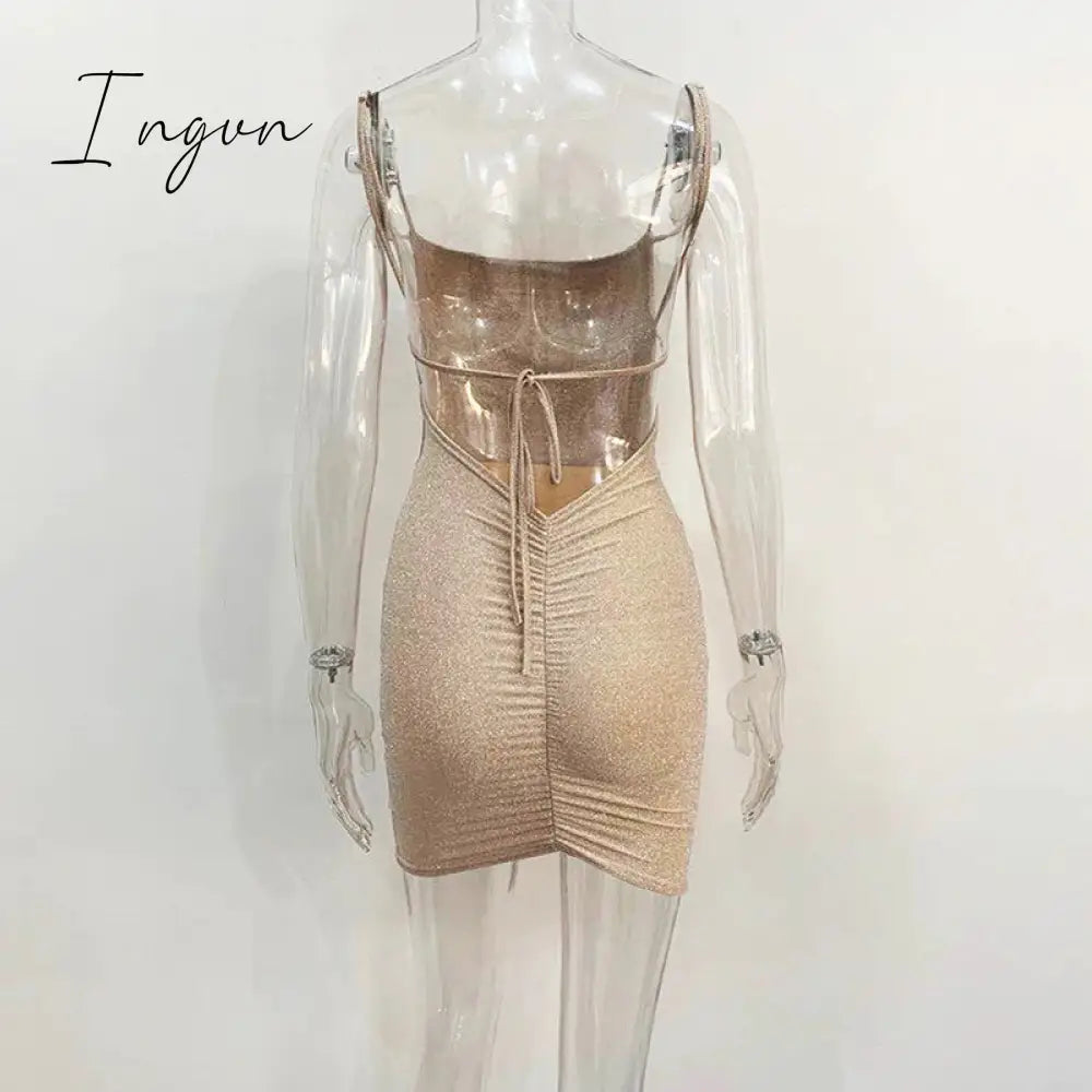 Ingvn - Bling Glitter Sequin Women Strap Mini Dress Ruched Lace Up Backless Bodycon Sexy Party Club Autumn Winter Elegant