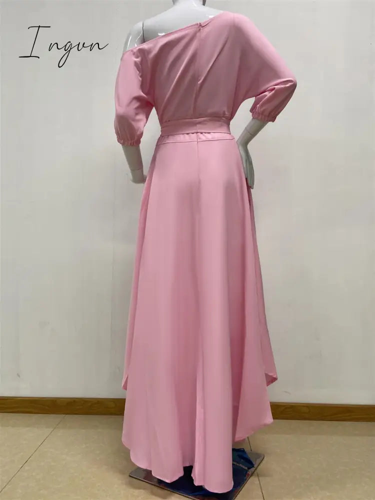 Ingvn - Women Dress Bare Shoulder Waist Belt Long A Line Pleated Orange Casual Fashion Female Ladies Elegant New Autumn Summer Robes