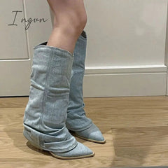 Ingvn - Pleats Blue Denim Thigh High Boots for Women 2023 Autumn Thick Heeled Pointed Toe Cowboy Boots Woman Slip On Western Long Boots