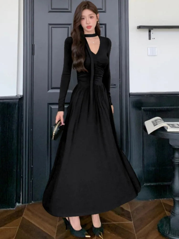 Elegant Solid Pleated Knitted Dress for Women Autumn V-Neck Long Sleeve Slim Party A-Line Chic Vestidos Female Evening Dresses