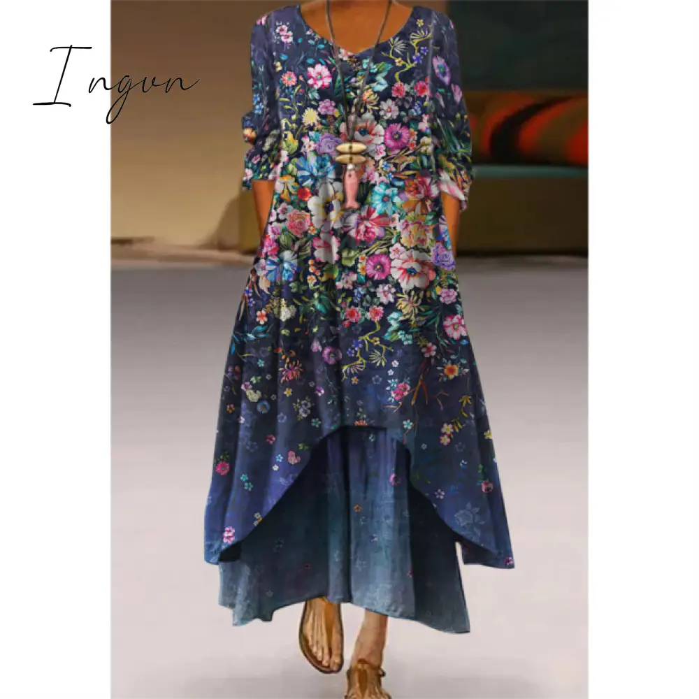 Ingvn - Fashion Summer Maxi Dress Women's Printed Sundress Casual Short Sleeve Vestidos Female High Waist Robe Femme midi elbise