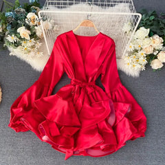 Ingvn - White Party Evening Dress for New Year Women Satin Silk Mini Long Lantern Sleeve Elegant Short Casual Dresses