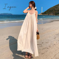Ingvn - Lace-Up Designer Backless Midi Beach Loose Dresses Korean 2023 New Fashion Strappy Clothing Long Casual Ladies Dress for Women