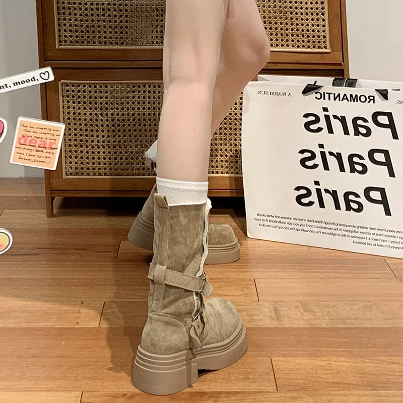 Ingvn  Winter Warm Cotton Women Modern Boots Fashion Slip On Short Booties Concise Square Heels Shoes